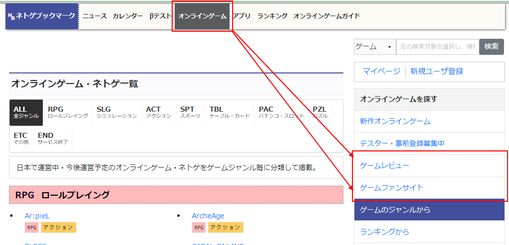 レビュー、ファンサイトページへのアクセス方法